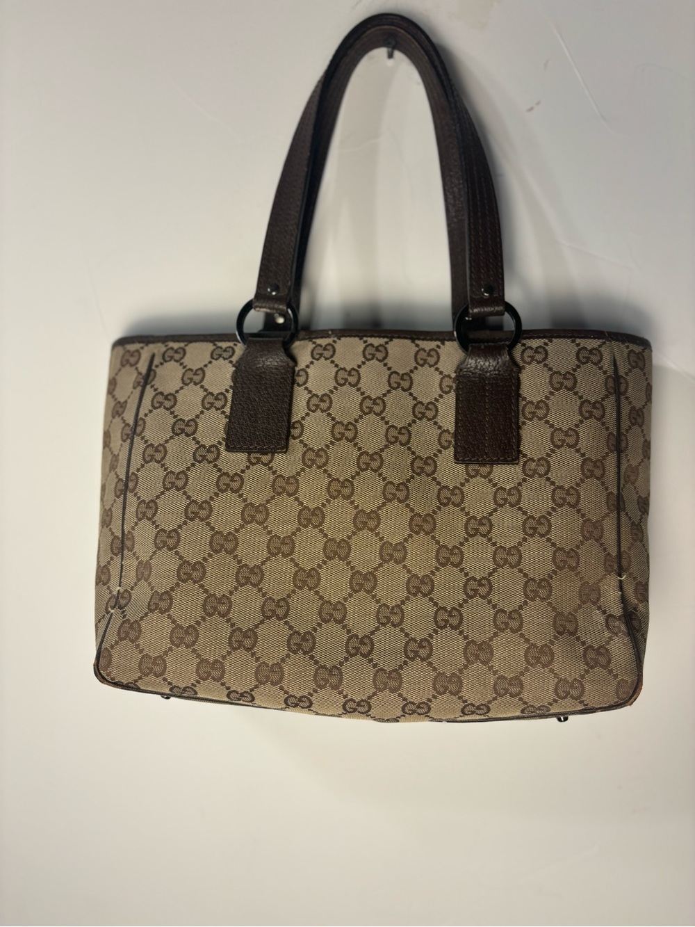 Authentic Gucci Brown & Beige GG Canvas Tote with Dark Brown Leather Trim